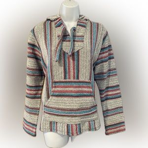 Original Senor Lopez Mexico Made Large Boho Pink Blue Stripe Hooded Poncho